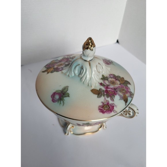 Lot of 2 Antique Porcelain Hand Painted Floral Compote Moriage Gold Dish Japan - Picture 3 of 13